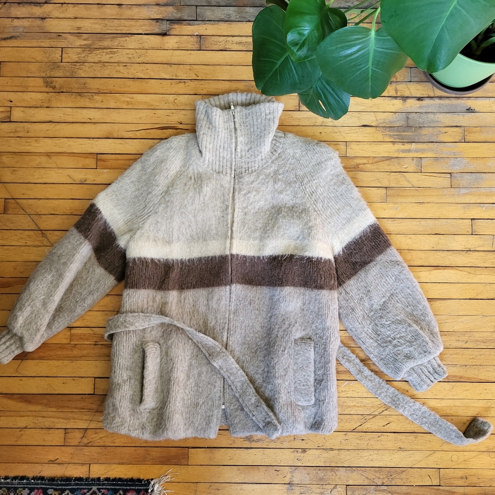 Vtg 1970s cream brown wool shaggy jacket Iceland belted coat Hilda Ltd Sz M